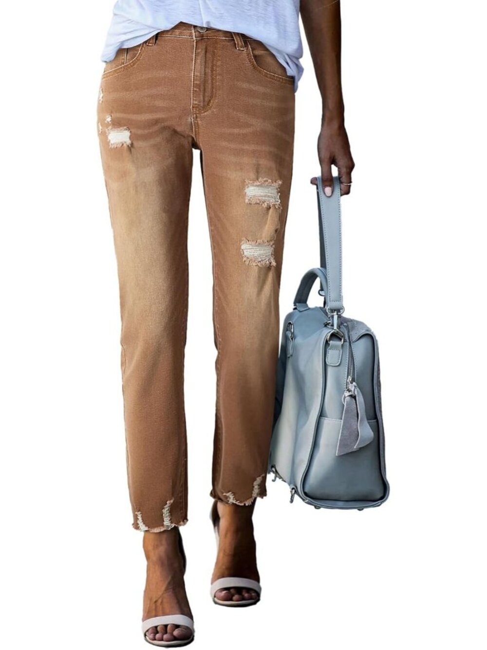 Women's Camel Flat Front Distressed Y2k Casual Pull On High Waisted Ankle Jeans